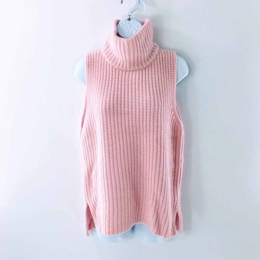 Novis Women Sleeveless Turtleneck Sweater Cashmere Wool Pink Garfield Chunky Rib